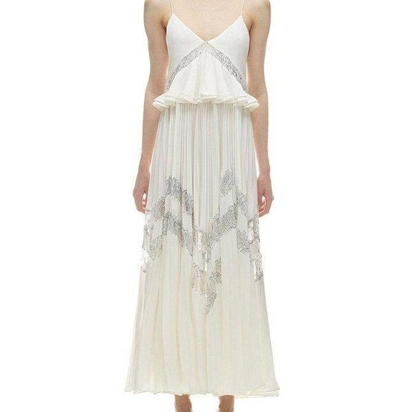 Self Portrait AMELIA Dress 0 XS White Pleated Lace Trim Maxi Dress V Neck
